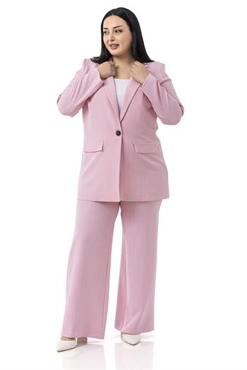 Büyük Beden Çizgili Pembe Ceket Pantolon İkili Takım