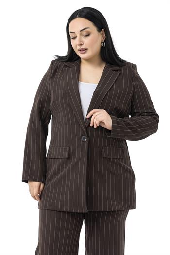 Büyük Beden Çizgili Kahverengi Ceket Pantolon İkili Takım