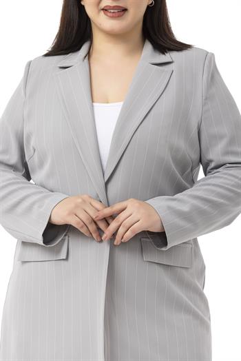 Büyük Beden Çizgili Gri Ceket Pantolon İkili Takım