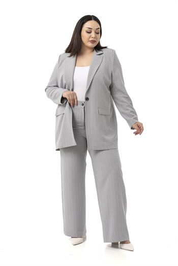 Büyük Beden Çizgili Gri Ceket Pantolon İkili Takım