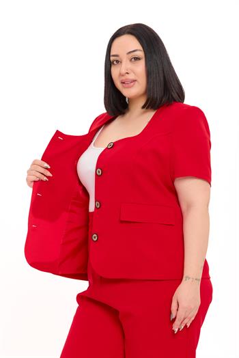 Büyük Beden Kısa Kollu U Yaka Kırmızı Ceket Pantolon İkili Takım