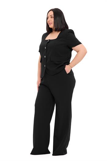 Büyük Beden Kısa Kollu U Yaka Siyah Ceket Pantolon İkili Takım