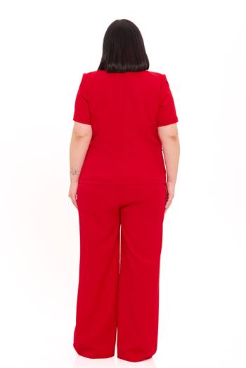 Büyük Beden Kısa Kollu U Yaka Kırmızı Ceket Pantolon İkili Takım