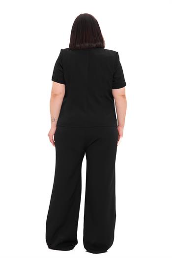 Büyük Beden Kısa Kollu U Yaka Siyah Ceket Pantolon İkili Takım