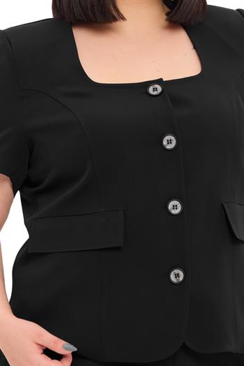 Büyük Beden Kısa Kollu U Yaka Siyah Ceket Pantolon İkili Takım