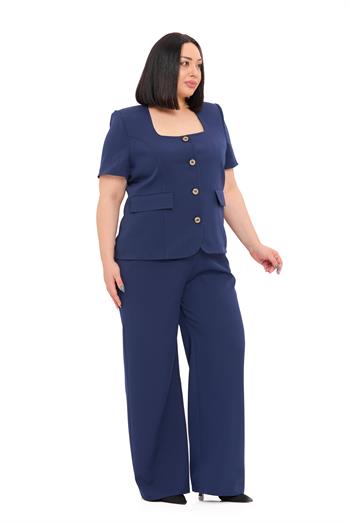 Büyük Beden Kısa Kollu U Yaka Lacivert Ceket Pantolon İkili Takım