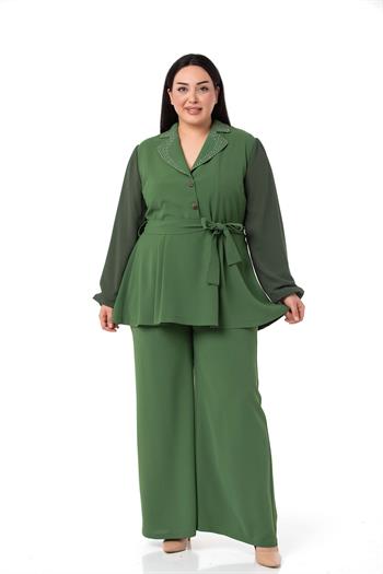 Büyük Beden Kolları Şifon Yakası Taş Detaylı Ceket Pantolon Yeşil İkili Takım