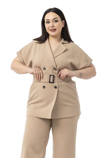 Büyük Beden Kruvaze Kemerli Yarım Kollu Vizon Ceket Pantolon İkili Takım