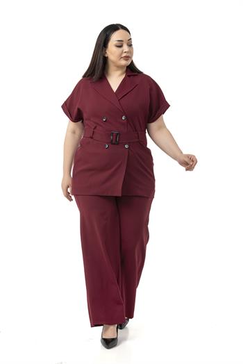 Büyük Beden Kruvaze Kemerli Yarım Kollu Bordo Ceket Pantolon İkili Takım