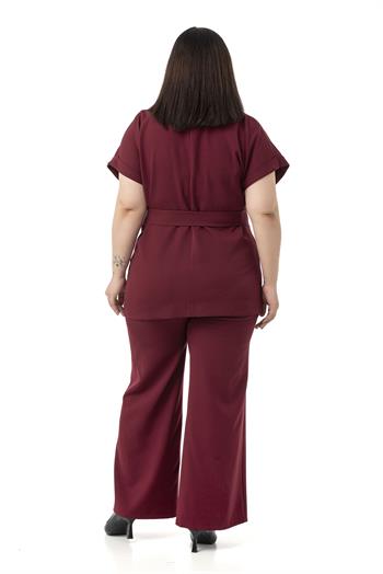 Büyük Beden Kruvaze Kemerli Yarım Kollu Bordo Ceket Pantolon İkili Takım