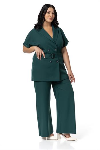 Büyük Beden Kruvaze Kemerli Yarım Kollu Zümrüt Ceket Pantolon İkili Takım