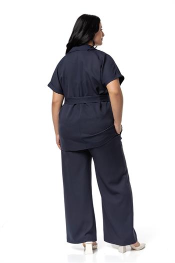 Büyük Beden Kruvaze Kemerli Yarım Kollu Lacivert Ceket Pantolon İkili Takım