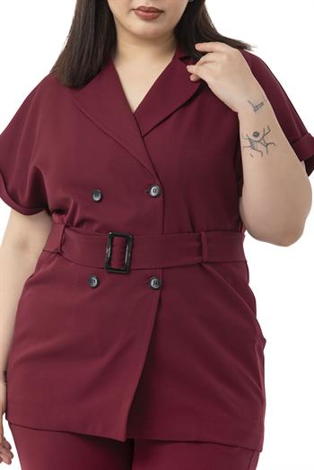 Büyük Beden Kruvaze Kemerli Yarım Kollu Bordo Ceket Pantolon İkili Takım