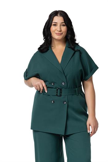 Büyük Beden Kruvaze Kemerli Yarım Kollu Zümrüt Ceket Pantolon İkili Takım