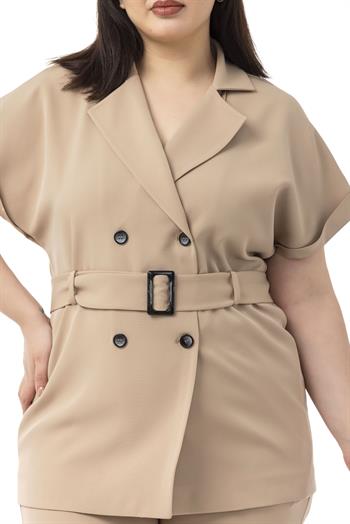 Büyük Beden Kruvaze Kemerli Yarım Kollu Vizon Ceket Pantolon İkili Takım