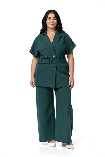 Büyük Beden Kruvaze Kemerli Yarım Kollu Zümrüt Ceket Pantolon İkili Takım
