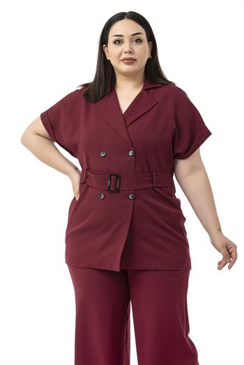Büyük Beden Kruvaze Kemerli Yarım Kollu Bordo Ceket Pantolon İkili Takım