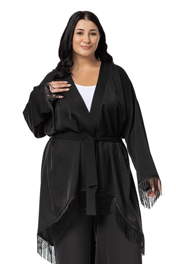 Büyük Beden Püskül Detaylı Ceket Pantolon Siyah İkili Takım