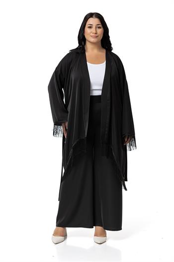 Büyük Beden Püskül Detaylı Ceket Pantolon Siyah İkili Takım