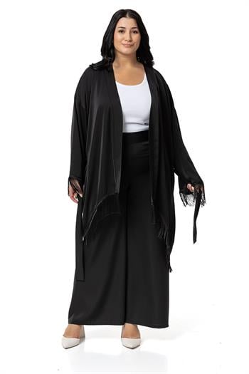 Büyük Beden Püskül Detaylı Ceket Pantolon Siyah İkili Takım