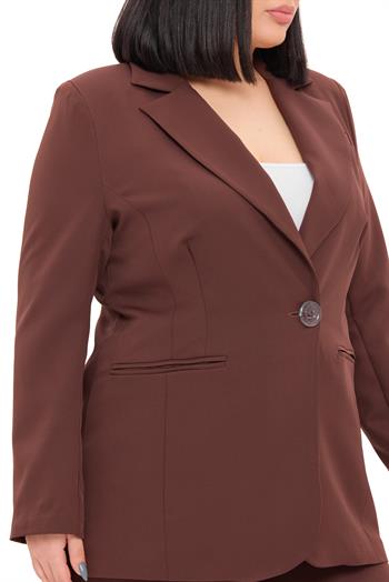 Büyük Beden Tek Düğmeli Kahverengi Ceket Pantolon İkili Takım