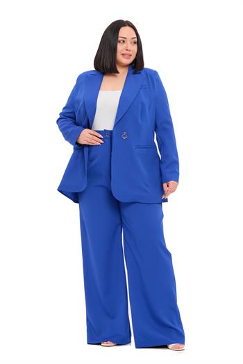 Büyük Beden Tek Düğmeli Saks Mavi Ceket Pantolon İkili Takım