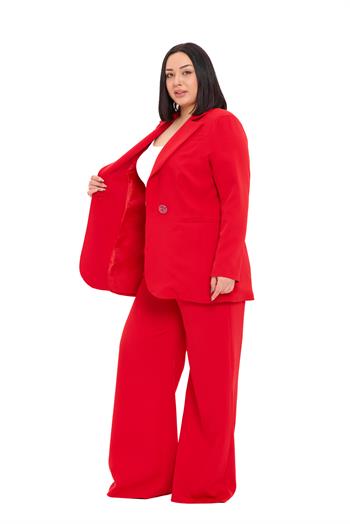 Büyük Beden Tek Düğmeli Kırmızı Ceket Pantolon İkili Takım