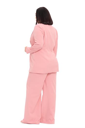 Büyük Beden Tek Düğmeli Pudra Ceket Pantolon İkili Takım