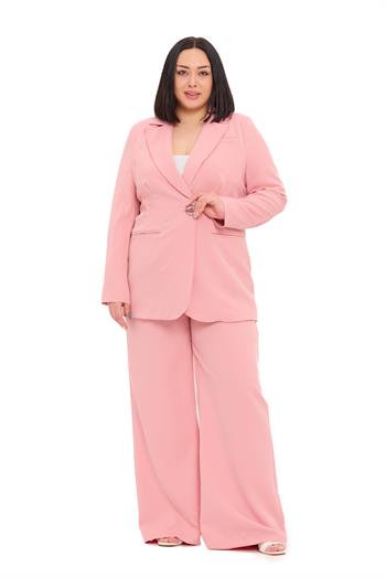 Büyük Beden Tek Düğmeli Pudra Ceket Pantolon İkili Takım