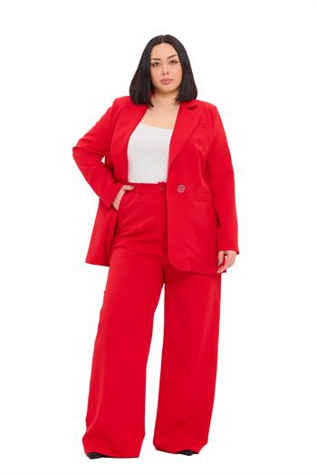 Büyük Beden Tek Düğmeli Kırmızı Ceket Pantolon İkili Takım