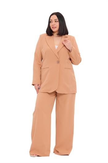 Büyük Beden Tek Düğmeli Vizon Ceket Pantolon İkili Takım