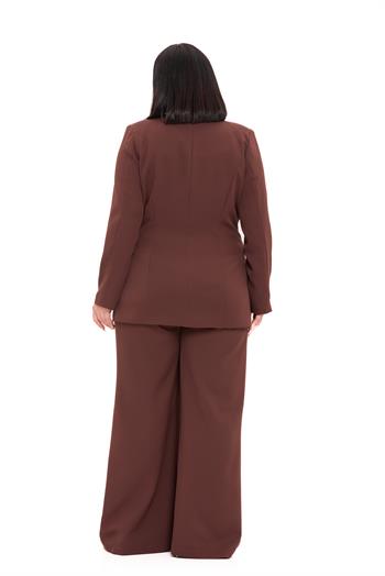 Büyük Beden Tek Düğmeli Kahverengi Ceket Pantolon İkili Takım
