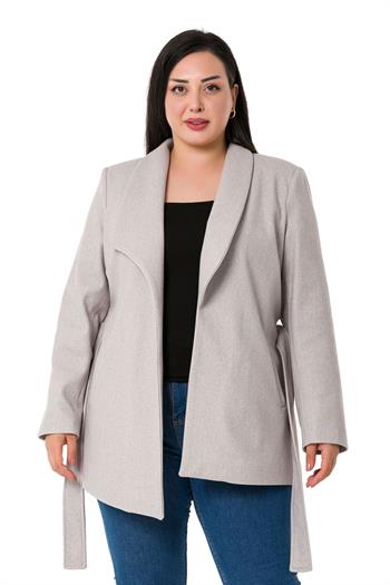 Büyük Beden Asimetrik Kesim Kuşaklı Astarlı Taş Rengi Ceket