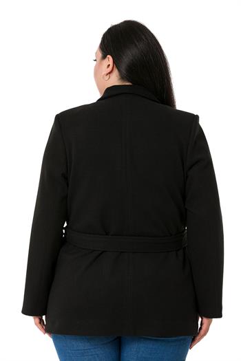 Büyük Beden Asimetrik Kesim Kuşaklı Astarlı Siyah Ceket
