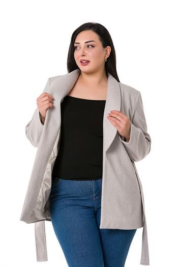 Büyük Beden Asimetrik Kesim Kuşaklı Astarlı Taş Rengi Ceket