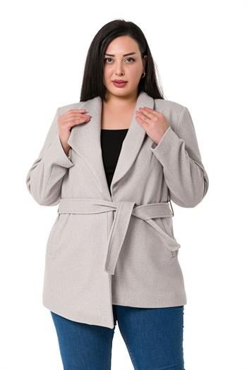 Büyük Beden Asimetrik Kesim Kuşaklı Astarlı Taş Rengi Ceket