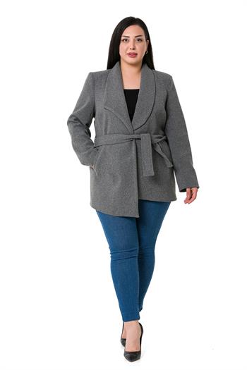 Büyük Beden Asimetrik Kesim Kuşaklı Astarlı Antrasit Ceket