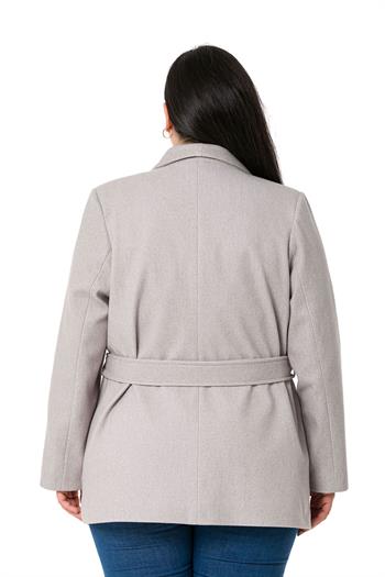 Büyük Beden Asimetrik Kesim Kuşaklı Astarlı Taş Rengi Ceket