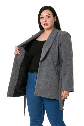 Büyük Beden Asimetrik Kesim Kuşaklı Astarlı Antrasit Ceket