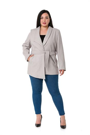 Büyük Beden Asimetrik Kesim Kuşaklı Astarlı Taş Rengi Ceket