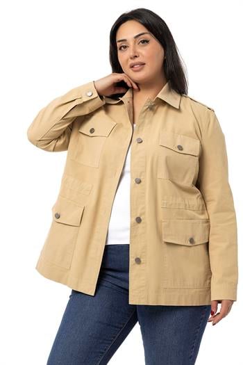 Plus Size Bag Pocket Button Lined Beige Faux Leather Jacket