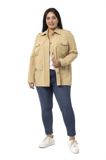 Plus Size Bag Pocket Button Lined Beige Faux Leather Jacket