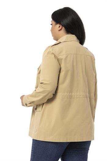 Plus Size Bag Pocket Button Lined Beige Faux Leather Jacket