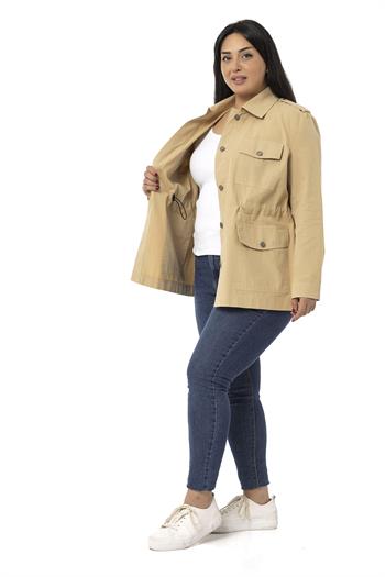 Plus Size Bag Pocket Button Lined Beige Faux Leather Jacket