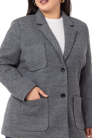Büyük Beden Blazer Cepli Örme Astarlı Gri Ceket