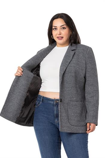 Büyük Beden Blazer Cepli Örme Astarlı Gri Ceket