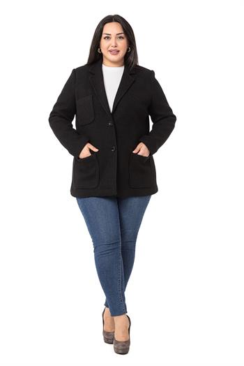 Büyük Beden Blazer Cepli Örme Astarlı Siyah Ceket