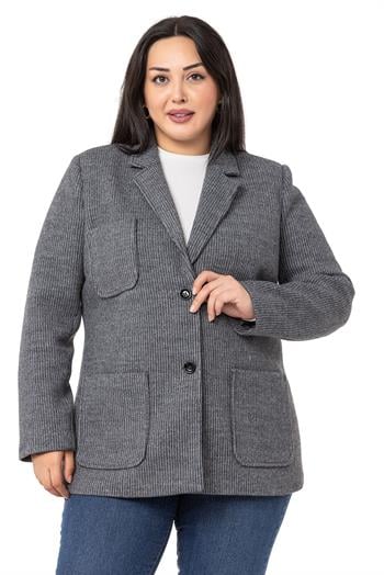 Büyük Beden Blazer Cepli Örme Astarlı Gri Ceket