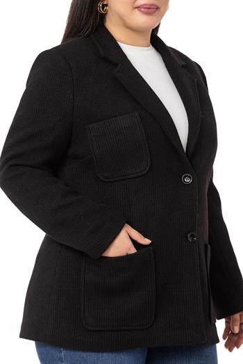 Büyük Beden Blazer Cepli Örme Astarlı Siyah Ceket