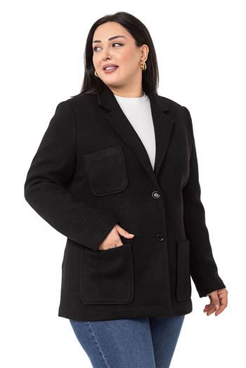 Büyük Beden Blazer Cepli Örme Astarlı Siyah Ceket
